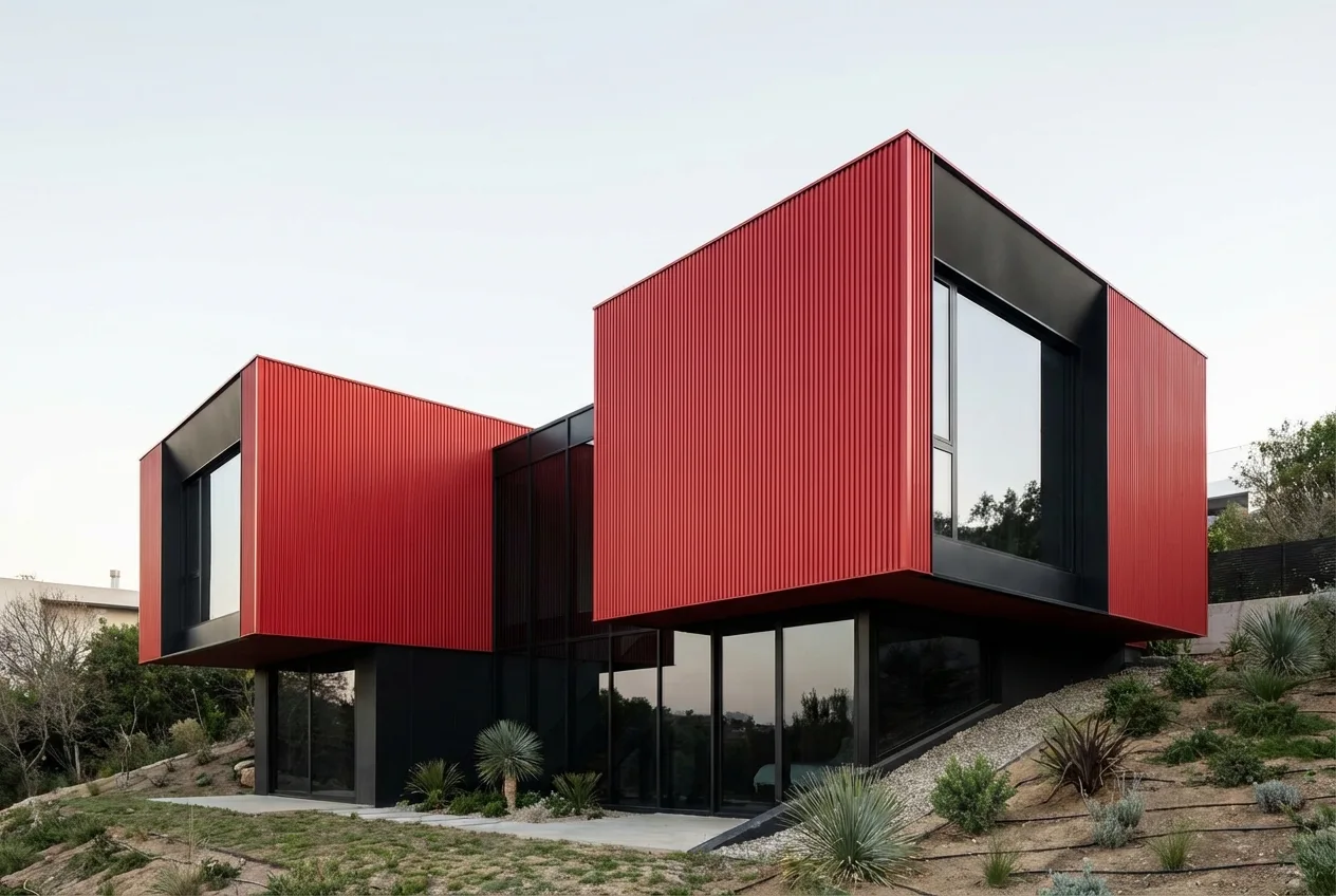 Volumes contemporains en porte-à-faux et bardage rouge